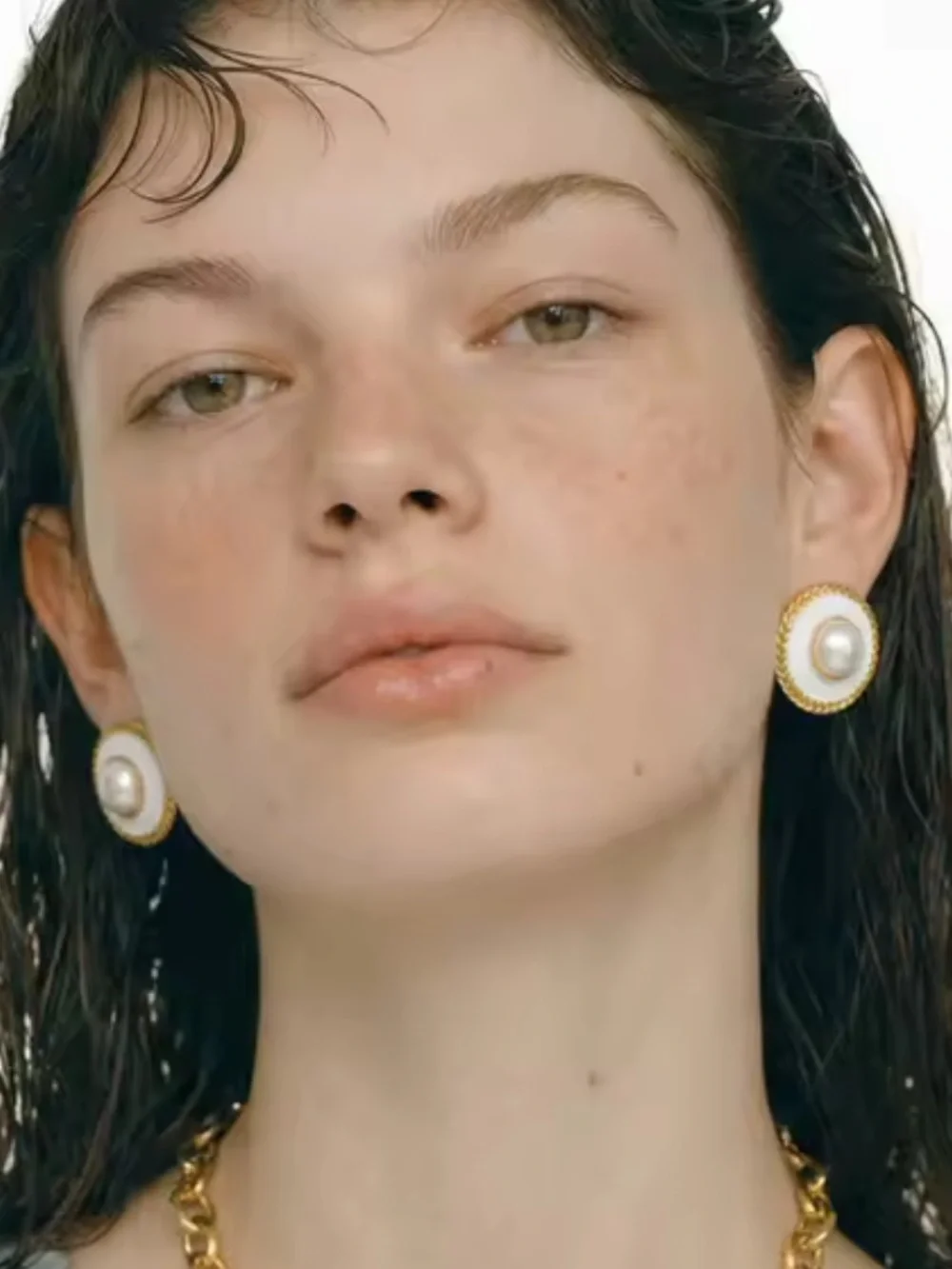 White Pearl Button Gold Earrings